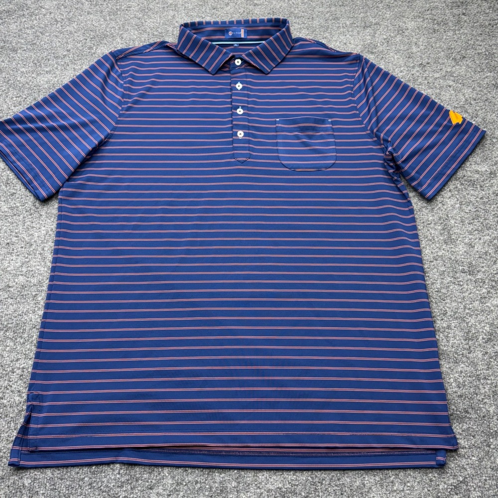 Stitch‎ Golf Mens XL Polo Shirt Navy Blue Orange Striped Short Sleeve LA Logo
